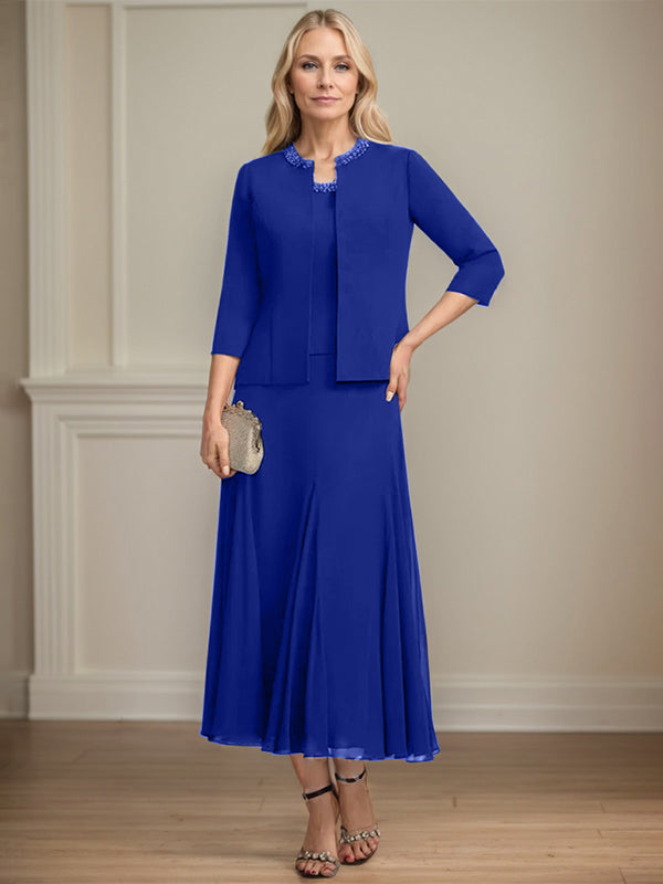 A-line Scoop Tea-Length Chiffon Mother of the Bride Dress with Sequins and Beading Separates