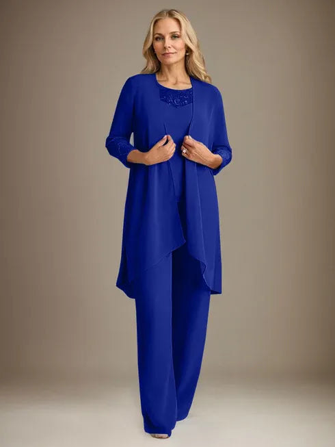 Chiffon Scoop Neck Long Sleeve Mother of the Bride Pantsuit with Jacket