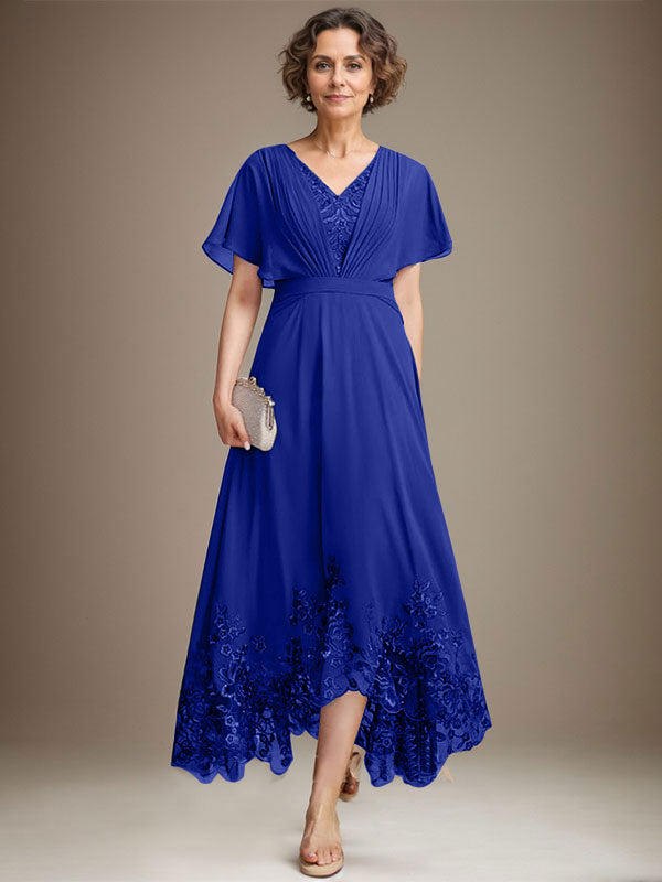 A-Line V-Neck Asymmetrical Lace Chiffon Mother of the Bride Dress with Pleats