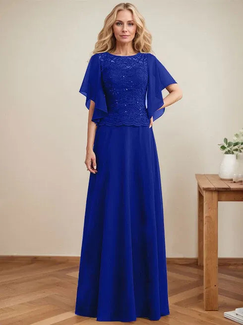 A-Line Scoop Neck Illusion Floor-Length Lace Chiffon Mother of the Bride Dress with Sequins