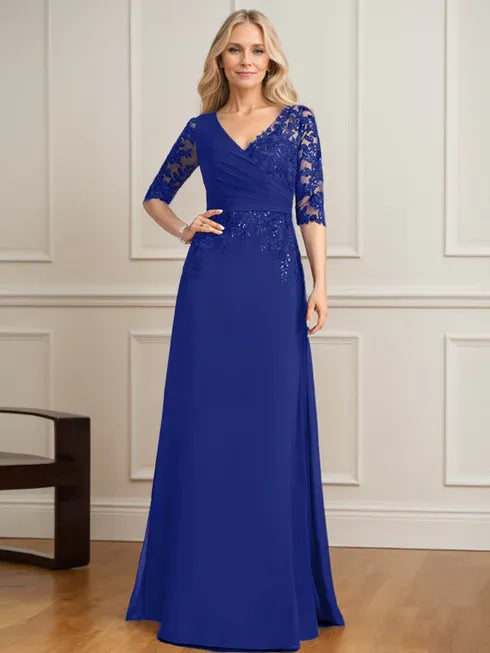 A-Line V-Neck Floor-Length Lace and Chiffon Mother of the Bride Dress with Pleated Sequins
