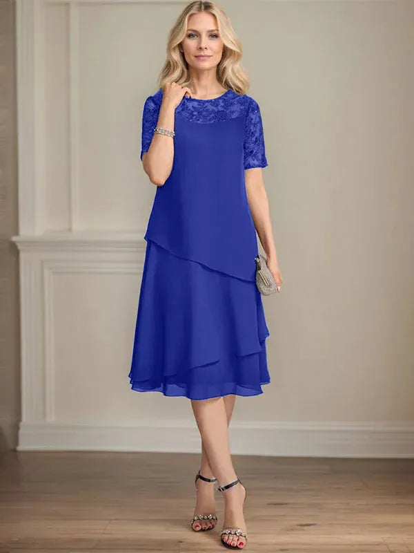 A-Line Scoop Neck Illusion Knee-Length Lace Chiffon Mother of the Bride Dress with Sequins