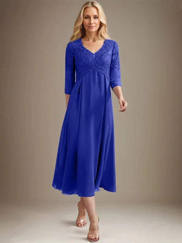 A-Line V-Neck Tea-Length Chiffon Lace Mother of the Bride Dress with Beading