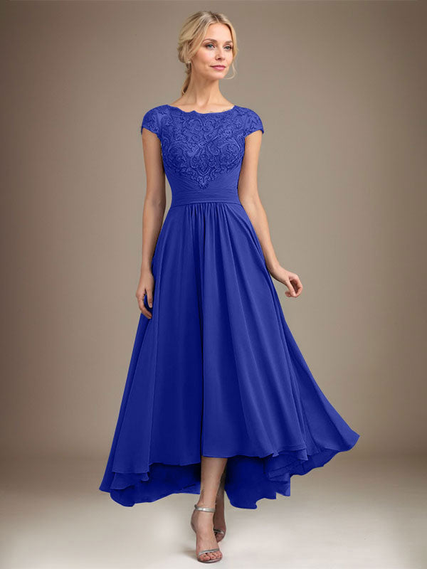 A-Line Scoop Neck Illusion Asymmetrical Lace Chiffon Mother of the Bride Dress with Pleats