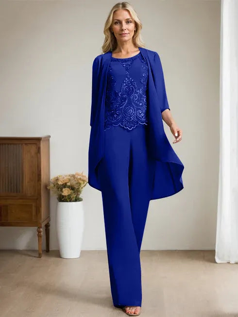 Floor-Length Chiffon Lace Mother of the Bride Jumpsuit/Pantsuit with Scoop Neck, Beading, and Sequins