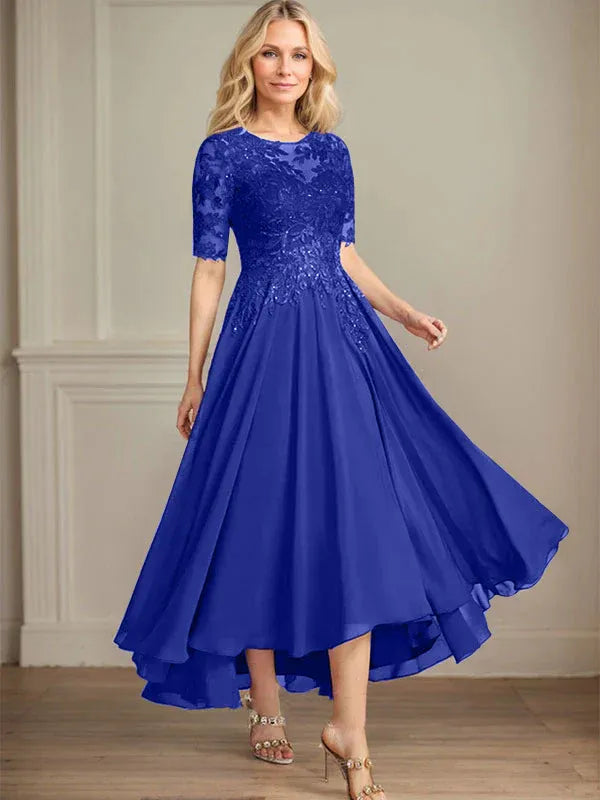 A-Line Scoop Neck Illusion Asymmetrical Chiffon and Lace Mother of the Bride Dress with Sequins