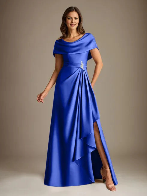 A-Line Scoop Neck Floor-Length Stretch Satin Mother of the Bride Dress with Cascading Ruffles