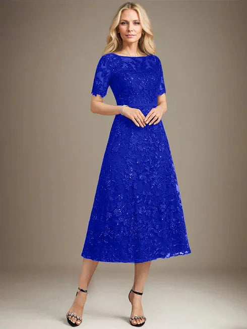 A-Line Scoop Neck Illusion Tea-Length Lace Mother of the Bride Dress with Sequins