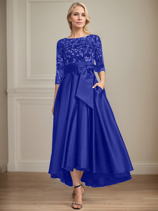A-Line Scoop Neck Illusion Asymmetrical Satin Lace Mother of the Bride Dress with Bow