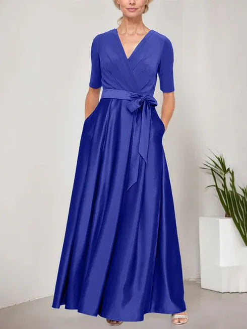 Surplice Neckline Ballgown with Full Satin Skirt and Jersey Bodice