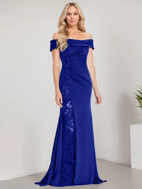 A-Line Off-the-Shoulder Floor-Length Mother of the Bride Dress with Appliqué Beadings and Mermaid Silhouette Featuring a High Split