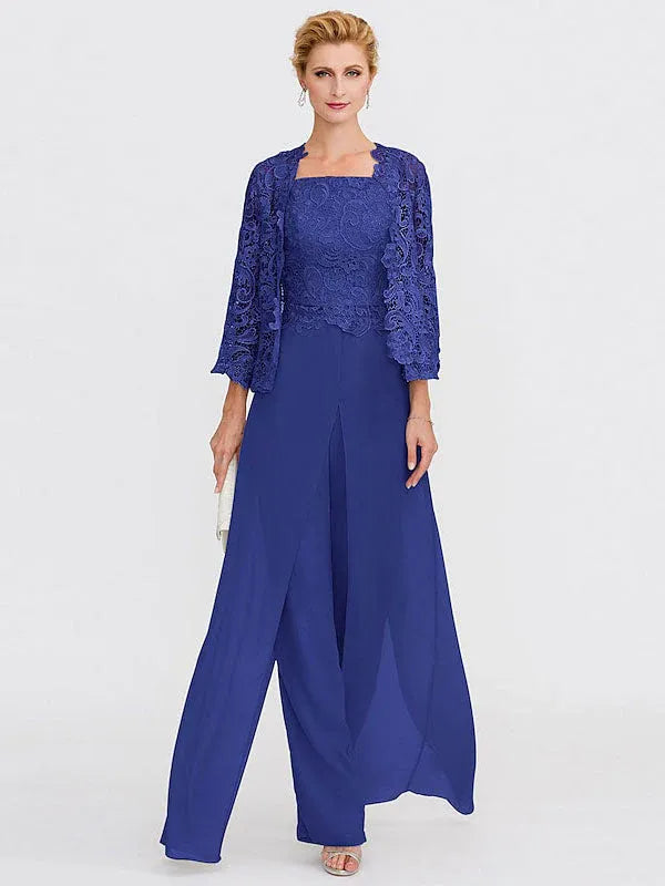 3-Piece Chiffon Square Neck Mother of the Bride Pantsuit Set with Jacket