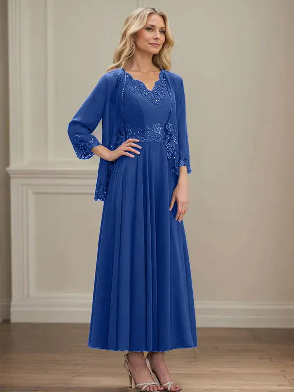 A-Line V-Neck Chiffon Mother of the Bride Dress with Sequins, Appliques, Lace, and Beading at Ankle Length