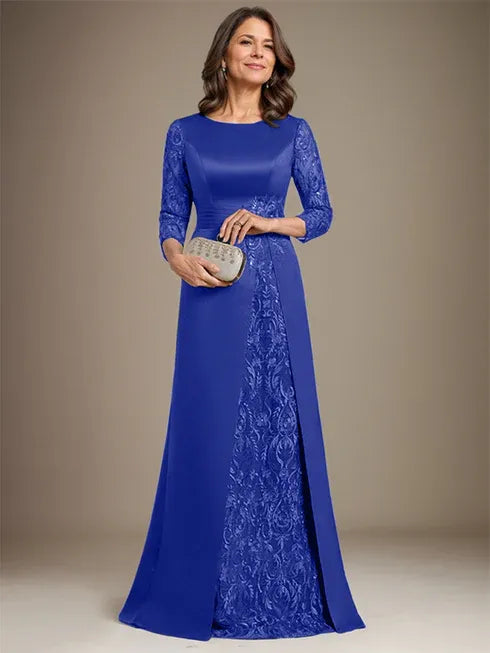 Floor-Length A-Line Lace Satin Mother of the Bride Dress with Scoop Neck and Applique