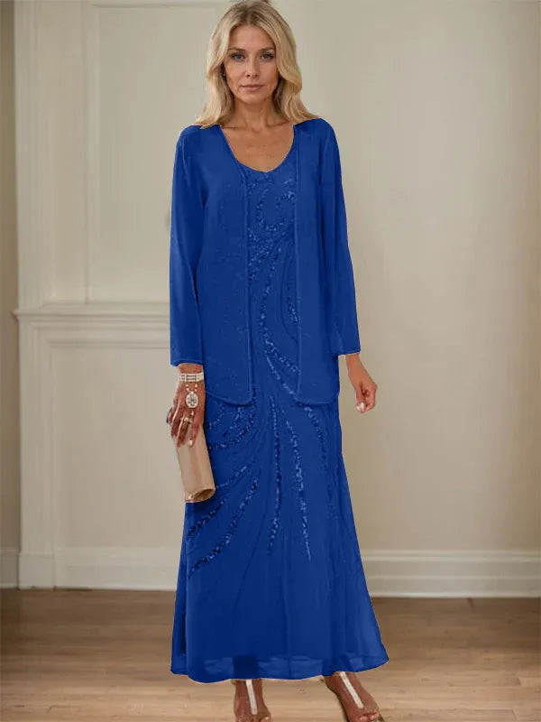 V-Neck Sheath/Mother of the Bride Ankle-Length Dress with Jacket & Sequins
