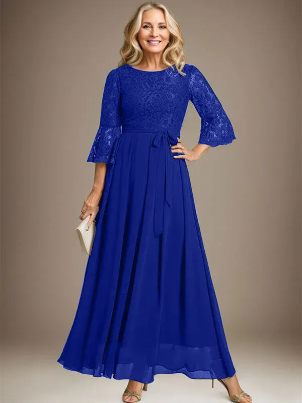 A-Line Scoop Neck Ankle-Length Lace Chiffon Mother of the Bride Dress with Bow