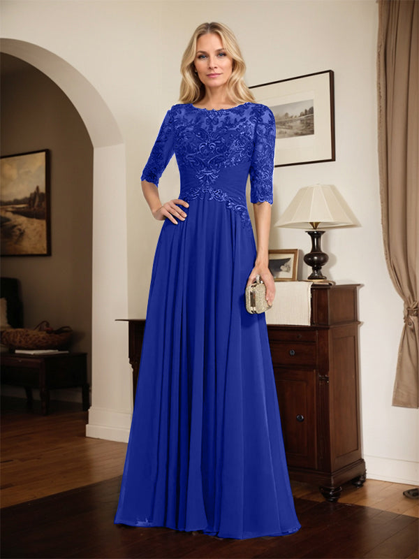 A-Line Scoop Neck Illusion Floor-Length Chiffon and Lace Mother of the Bride Dress with Pleated Sequins