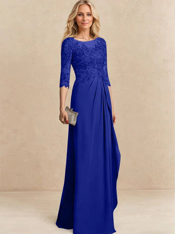 A-Line Scoop Illusion Floor-Length Chiffon and Lace Mother of the Bride Dress with Beading, Sequins, and Cascading Ruffles