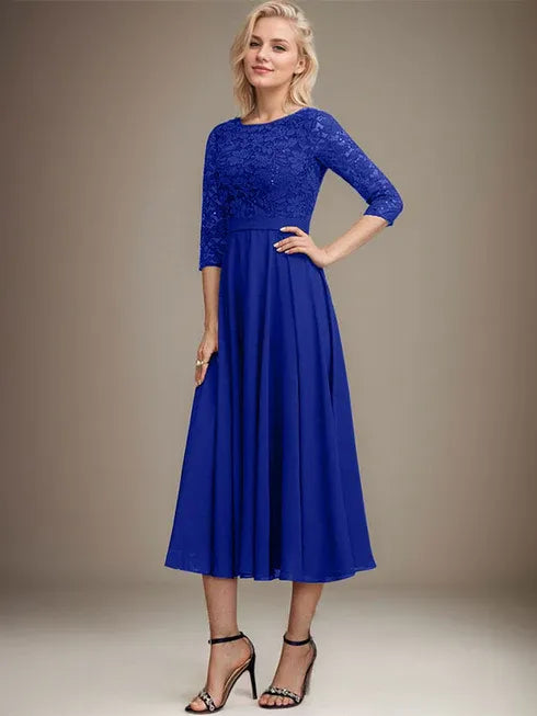 A-Line Scoop Neck Tea-Length Lace Chiffon Mother of the Bride Dress with Sequins