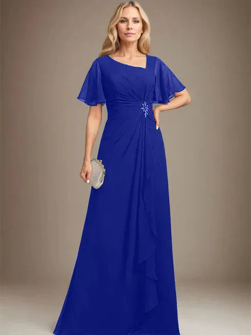A-Line Asymmetrical Floor-Length Chiffon Mother of the Bride Dress with Pleated Beading and Sequins