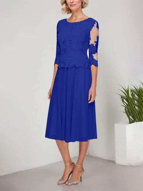A-Line Scoop Neck Tea-Length Lace Chiffon Mother of the Bride Dress with Embroidery