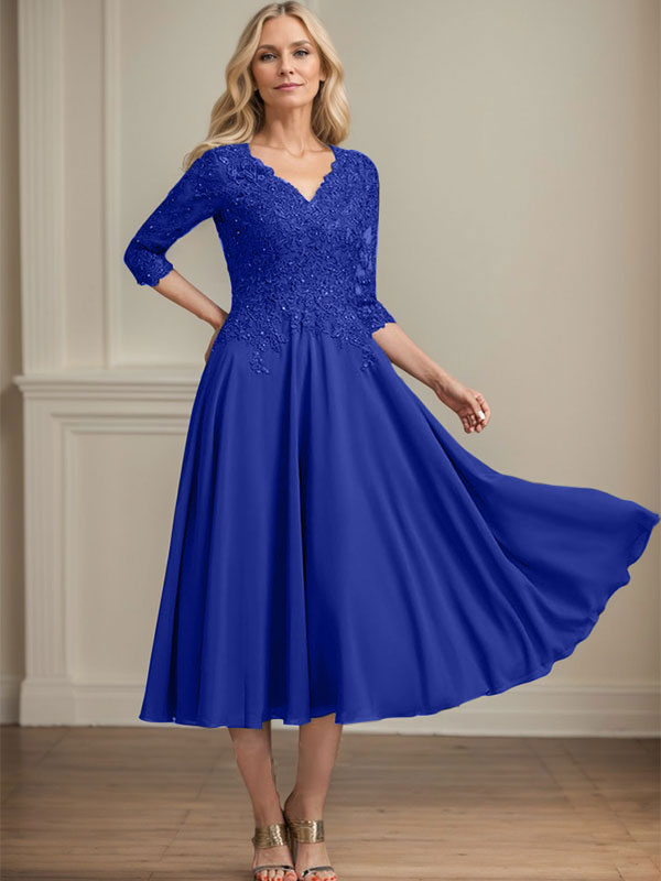 A-Line V-Neck Tea-Length Chiffon and Lace Mother of the Bride Dress with Beading and Sequins