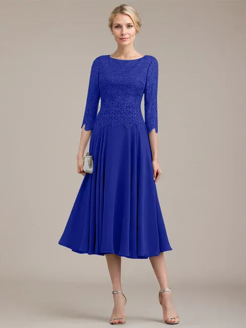 A-Line Scoop Neck Tea-Length Lace Chiffon Mother of the Bride Dress
