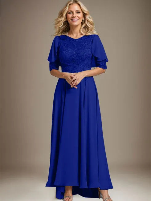A-Line Scoop Neck Illusion Asymmetrical Chiffon and Lace Mother of the Bride Dress with Beading