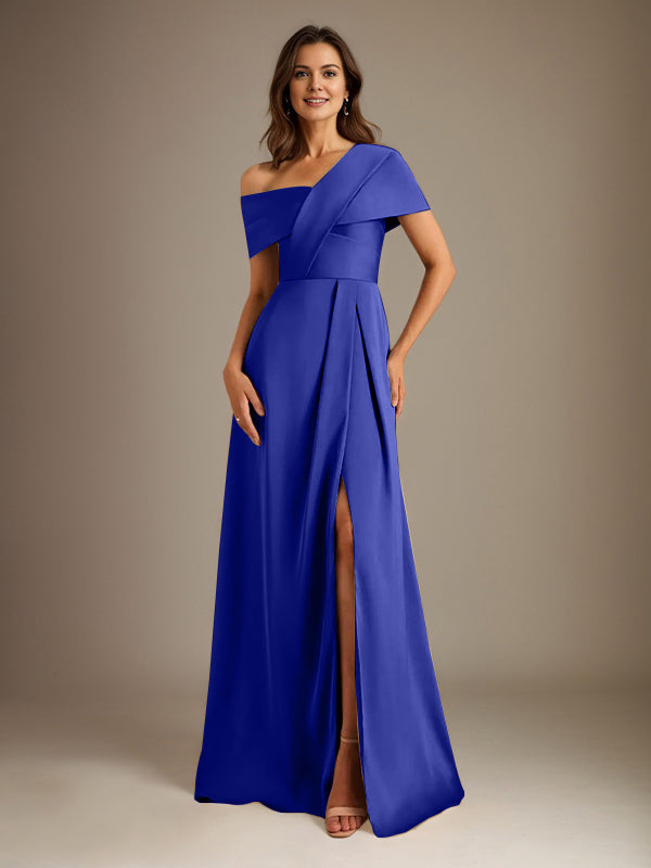 A-Line Satin Mother of the Bride Dress with Asymmetrical Neckline, Floor-Length, and Pleated Design