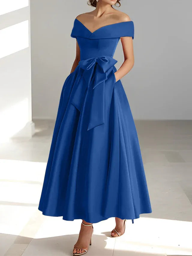 A-Line Off-the-Shoulder Sleeveless Ankle-Length Mother of the Bride Dress with Pockets