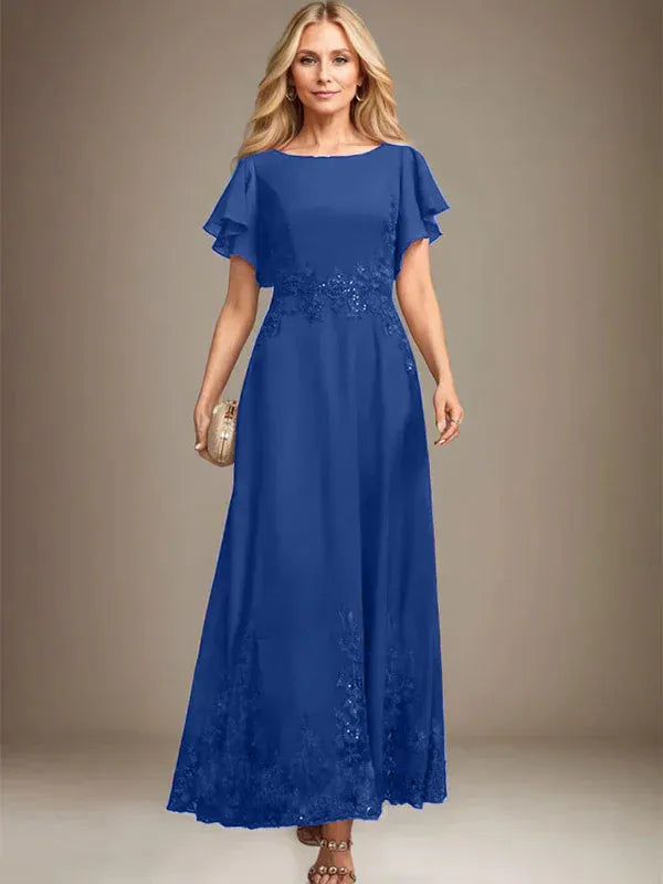 A-Line Scoop Neck Ankle-Length Lace and Chiffon Mother of the Bride Dress with Sequins