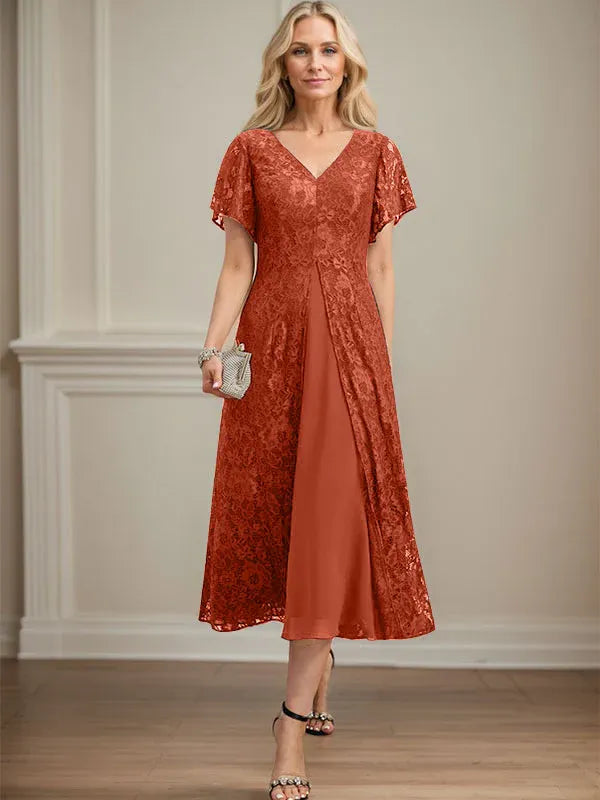 A-Line V-Neck Tea-Length Lace Chiffon Mother of the Bride Dress