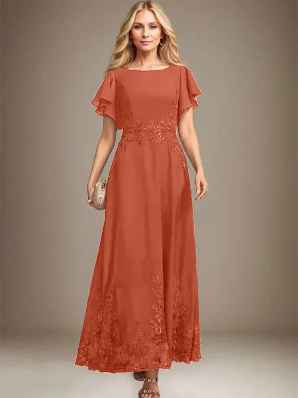 A-Line Scoop Neck Ankle-Length Lace and Chiffon Mother of the Bride Dress with Sequins