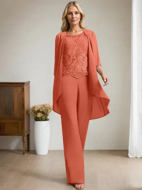 Floor-Length Chiffon Lace Mother of the Bride Jumpsuit/Pantsuit with Scoop Neck, Beading, and Sequins