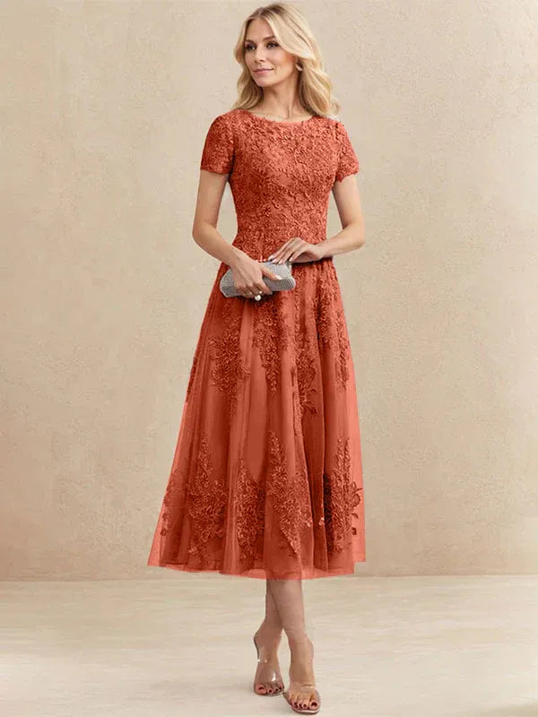 A-Line Scoop Neck Tea-Length Tulle Lace Mother of the Bride Dress
