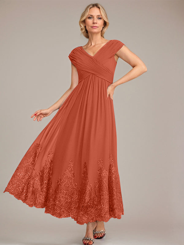A-Line V-Neck Chiffon Mother of the Bride Dress with Appliqué and Sequins, Ankle-Length