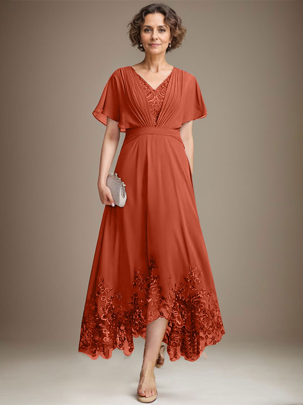 A-Line V-Neck Asymmetrical Lace Chiffon Mother of the Bride Dress with Pleats