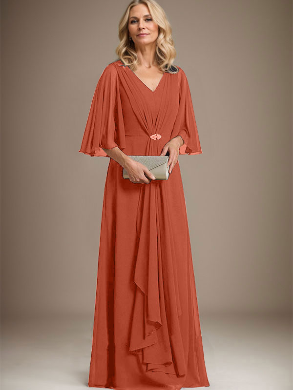 A-Line V-Neck Floor-Length Chiffon Mother of the Bride Dress with Cascading Ruffles and Crystal Brooch
