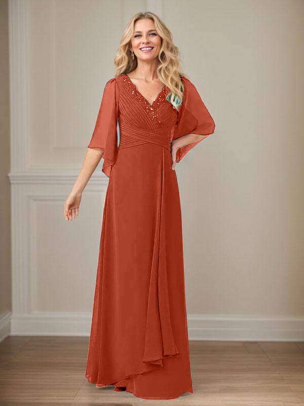 A-Line V-Neck Long Sequin Chiffon Mother of the Bride Dress