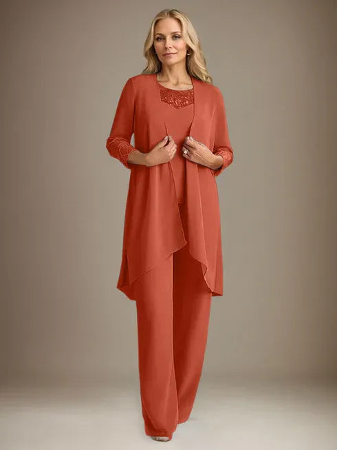 Chiffon Scoop Neck Long Sleeve Mother of the Bride Pantsuit with Jacket