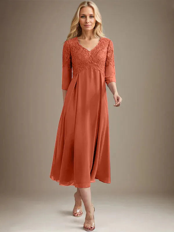 A-Line V-Neck Tea-Length Chiffon Lace Mother of the Bride Dress with Beading