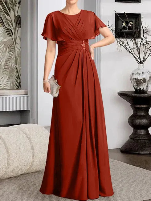 A-Line Scoop Neck Floor-Length Chiffon Mother of the Bride Dress with Pleated Beading