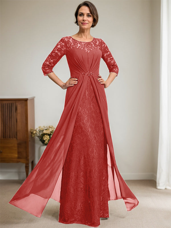 A-Line Scoop Neck Illusion Floor-Length Lace Chiffon Mother of the Bride Dress with Beaded Ruffles