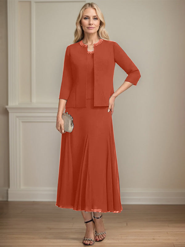A-line Scoop Tea-Length Chiffon Mother of the Bride Dress with Sequins and Beading Separates