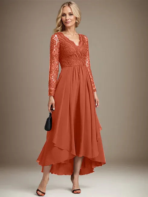 A-Line V-Neck Asymmetrical Lace Chiffon Mother of the Bride Dress