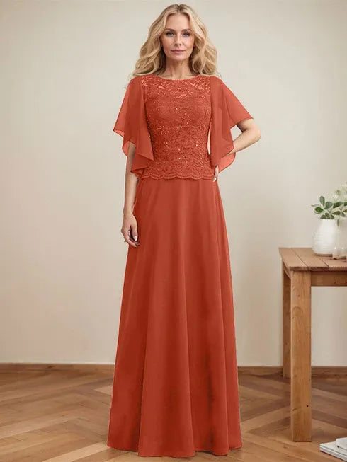 A-Line Scoop Neck Illusion Floor-Length Lace Chiffon Mother of the Bride Dress with Sequins