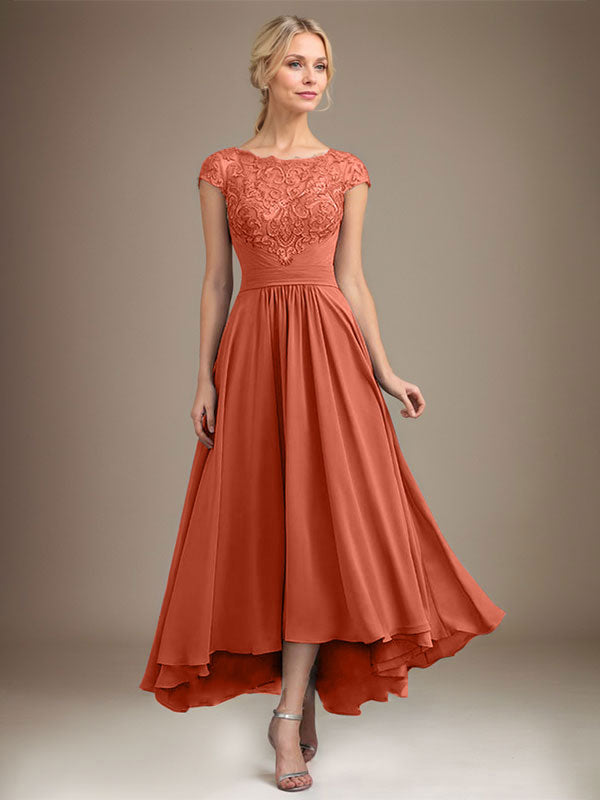 A-Line Scoop Neck Illusion Asymmetrical Lace Chiffon Mother of the Bride Dress with Pleats