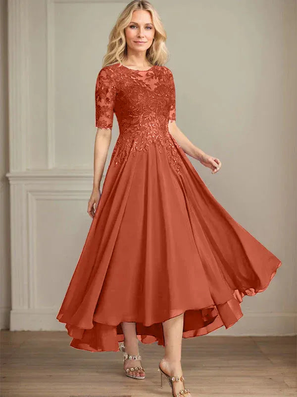 A-Line Scoop Neck Illusion Asymmetrical Chiffon and Lace Mother of the Bride Dress with Sequins