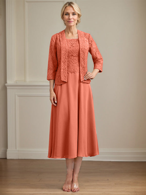 A-Line Scoop Neck Tea-Length Lace Chiffon Mother of the Bride Dress