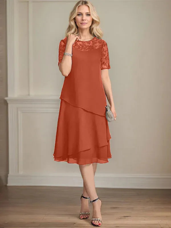 A-Line Scoop Neck Illusion Knee-Length Lace Chiffon Mother of the Bride Dress with Sequins